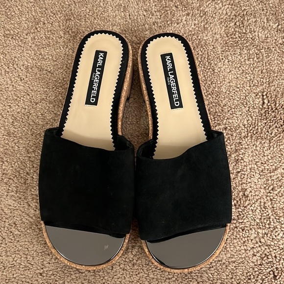Karl Lagerfeld Cher Suede Cork Mule Sandals Black - Picture 2 of 7
